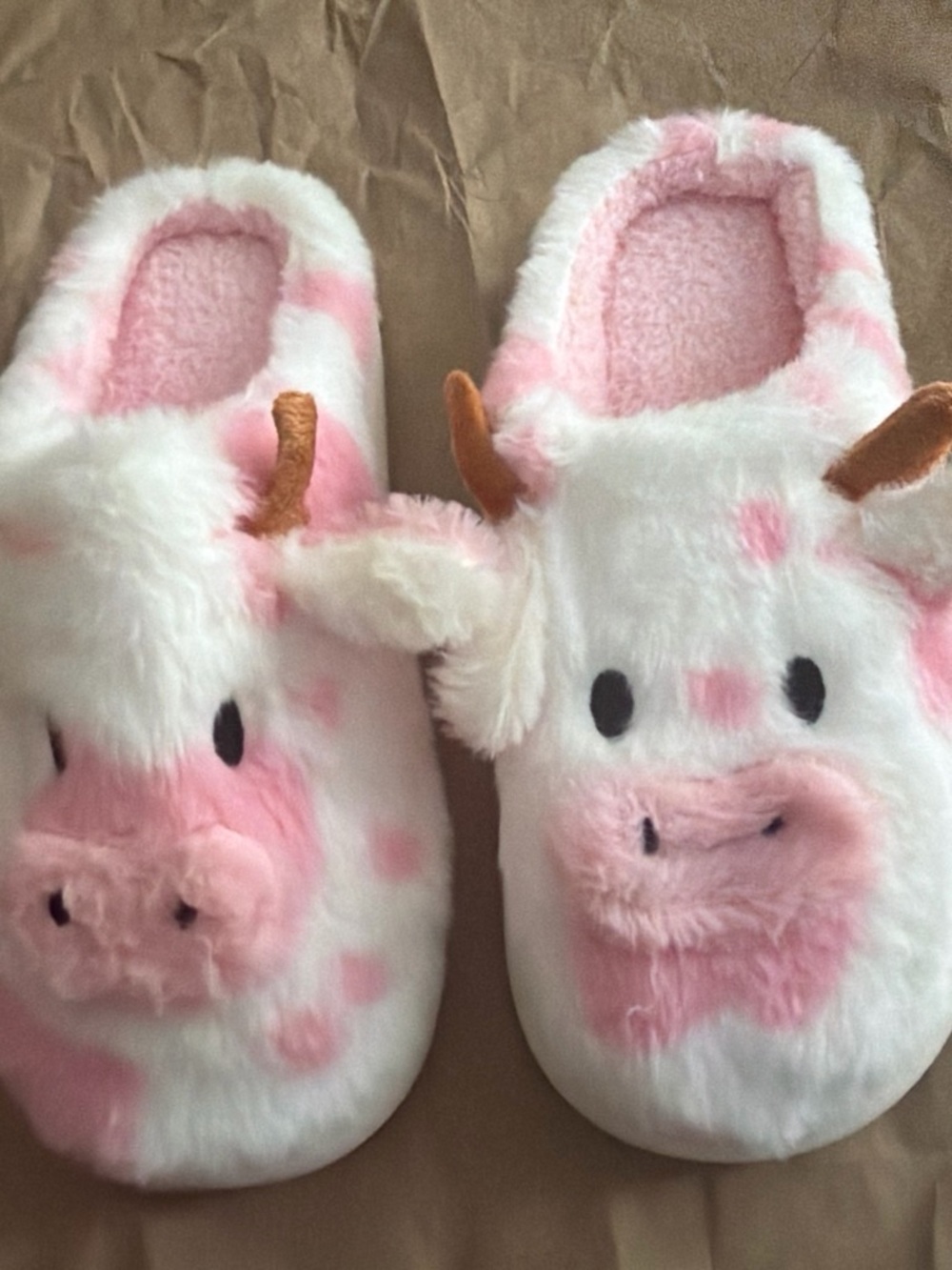 Plush Pink and White Cow Slip-On Women’s Slippers